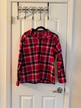 Eddie Bauer Red and Burgundy Plaid Fleece Pullover